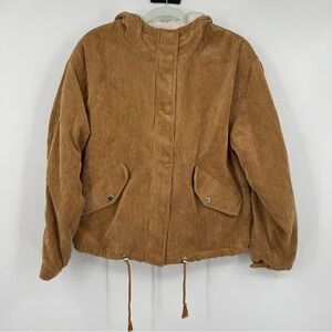 Love Tree Corduroy Tan Soft J8053 Long Sleeves Hooded Drawstring Sherpa Jacket
